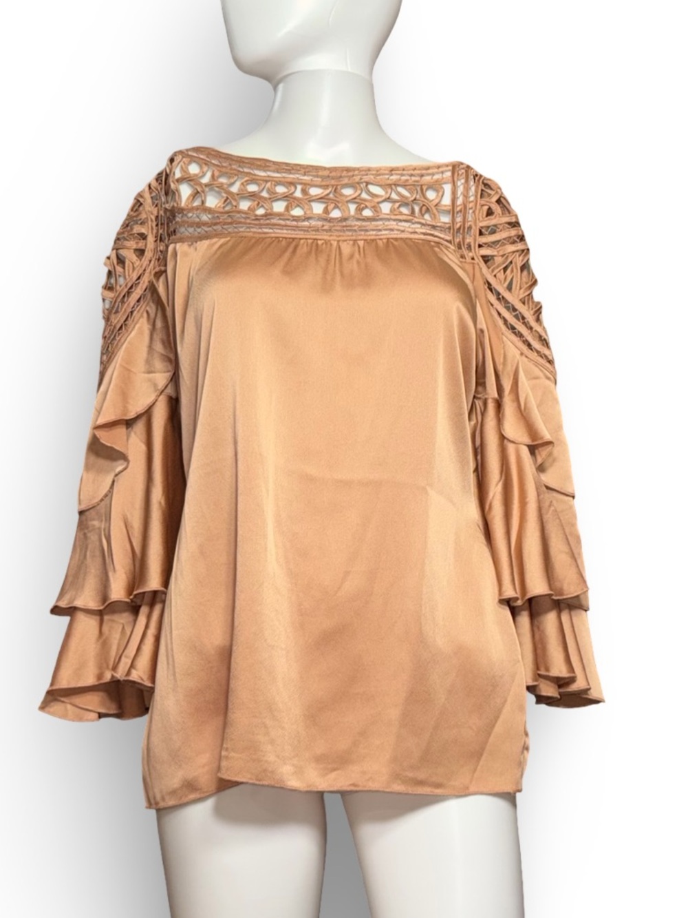 Boston Proper Champagne Satin Cold Shoulder Tiered‎ Sleeve Blouse - Size 2
